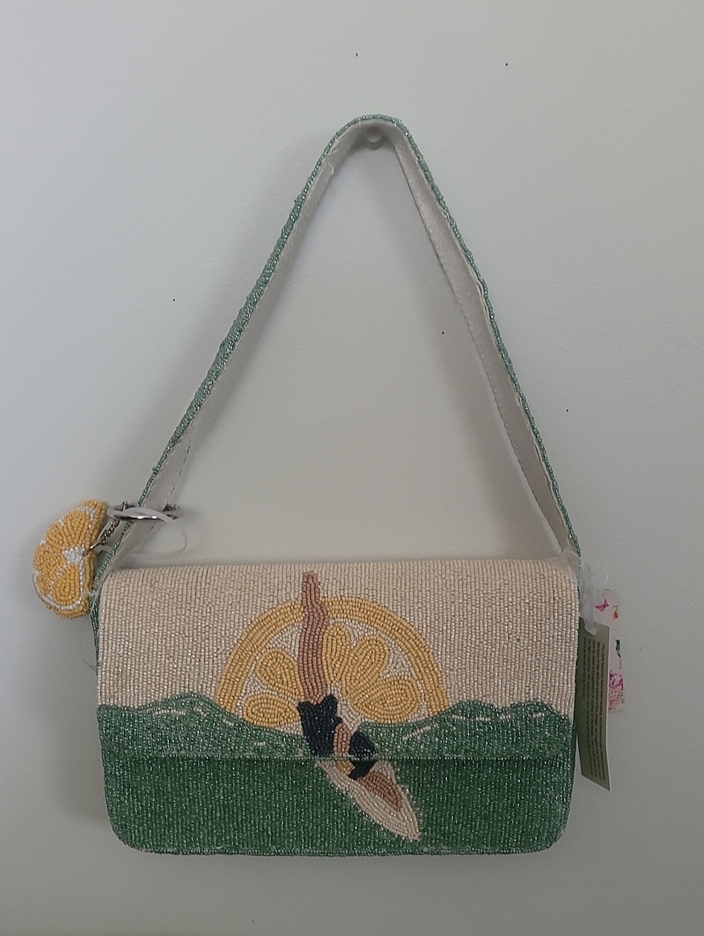 Hand Crafted Beaded Lemon Paddle Shoulder Bag - Cream & Green